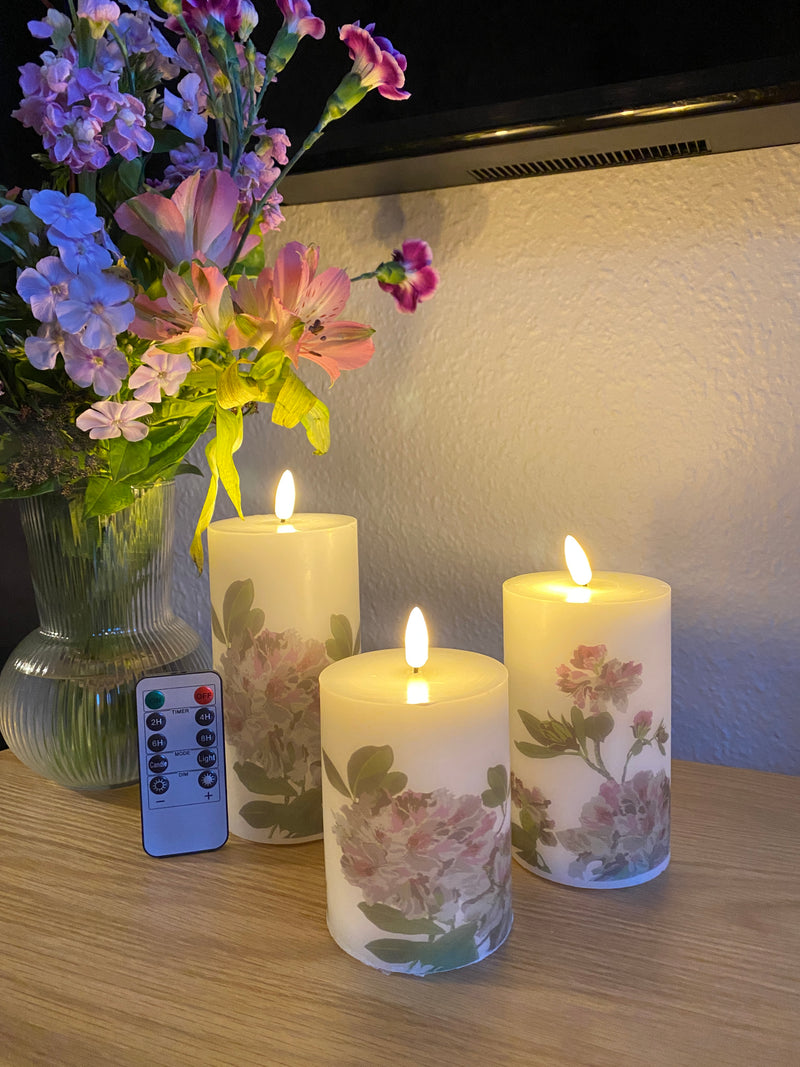 LED-Blockleuchten-Set, 3er-Pack – Hortensienmotiv mit Fernbedienung und Timerfunktion