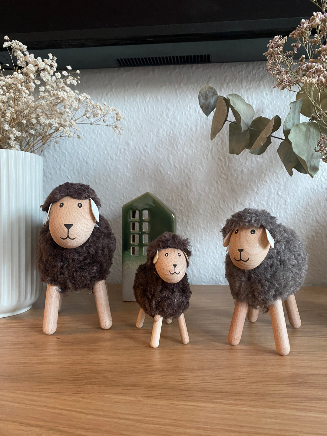 Får H14 cm træ/polyester 3 ass. brun/grå/natur