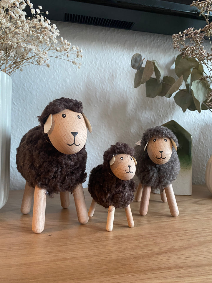 Får H14 cm træ/polyester 3 ass. brun/grå/natur