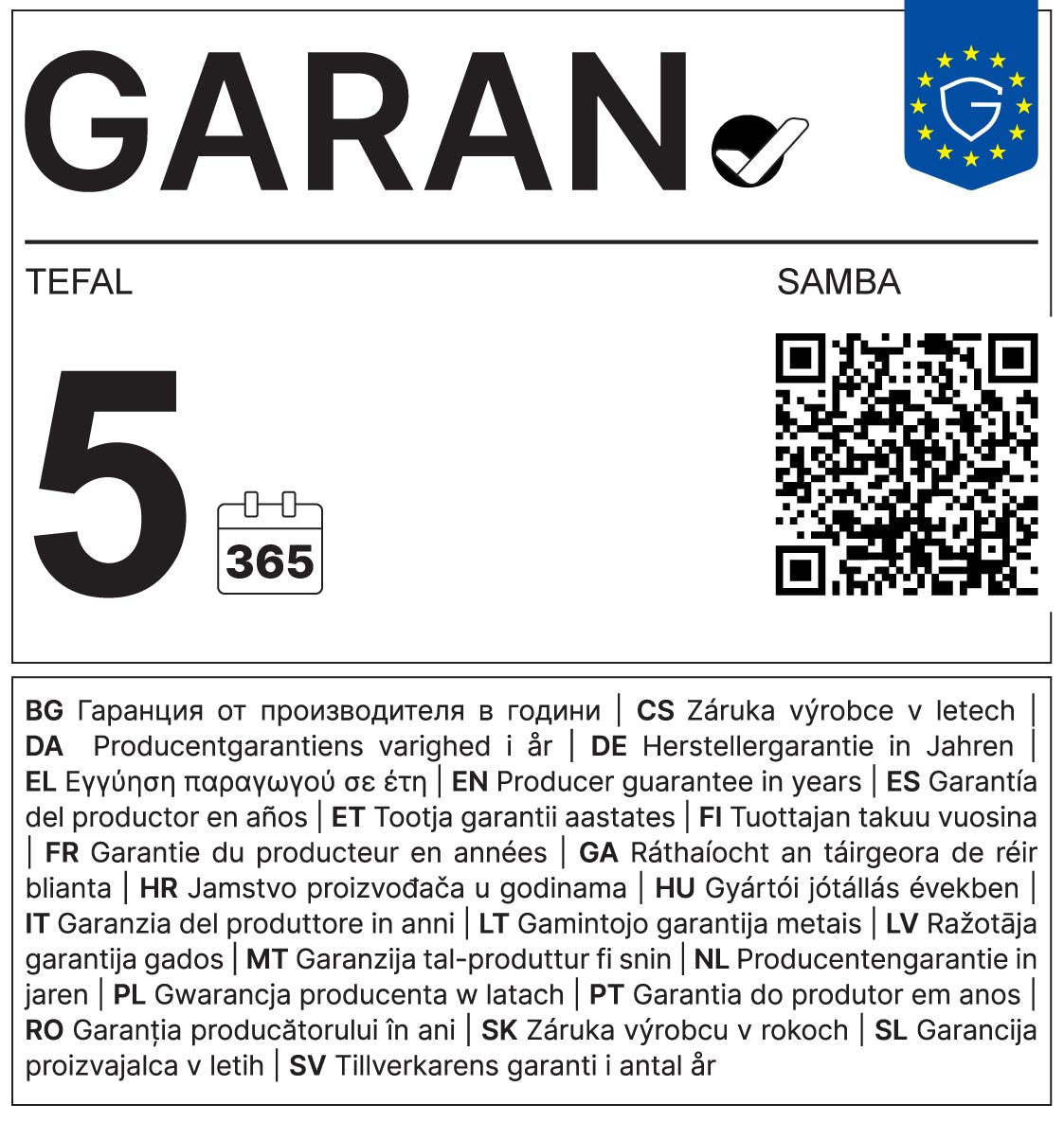 GARAN – Tefal Samba: 5 års producentgaranti