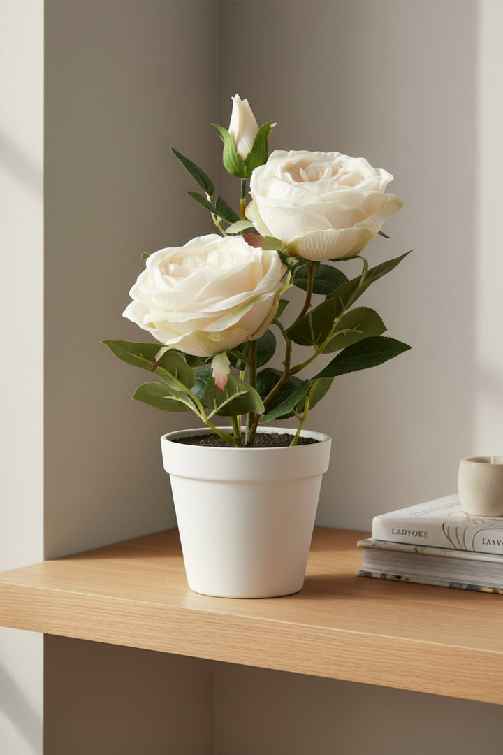 Rose im Topf 35 cm Polyester/Kunststoff weiß