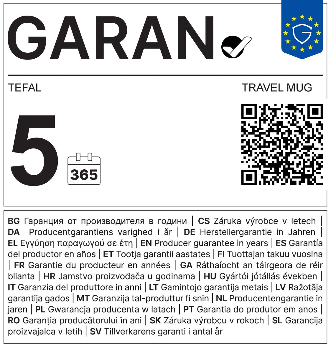 GARAN – Tefal Travel Mug: 5 års producentgaranti