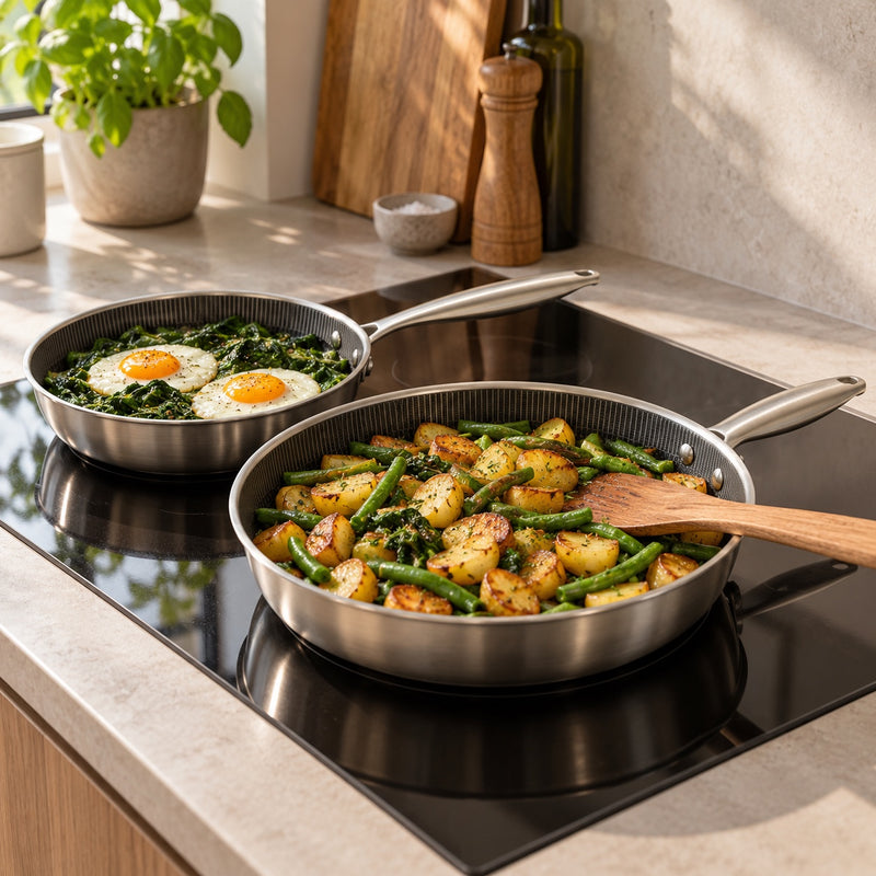 Miso hybrid stegepande 20 og 28 cm på induktionskomfur med stegte kartofler, bønner og spejlæg