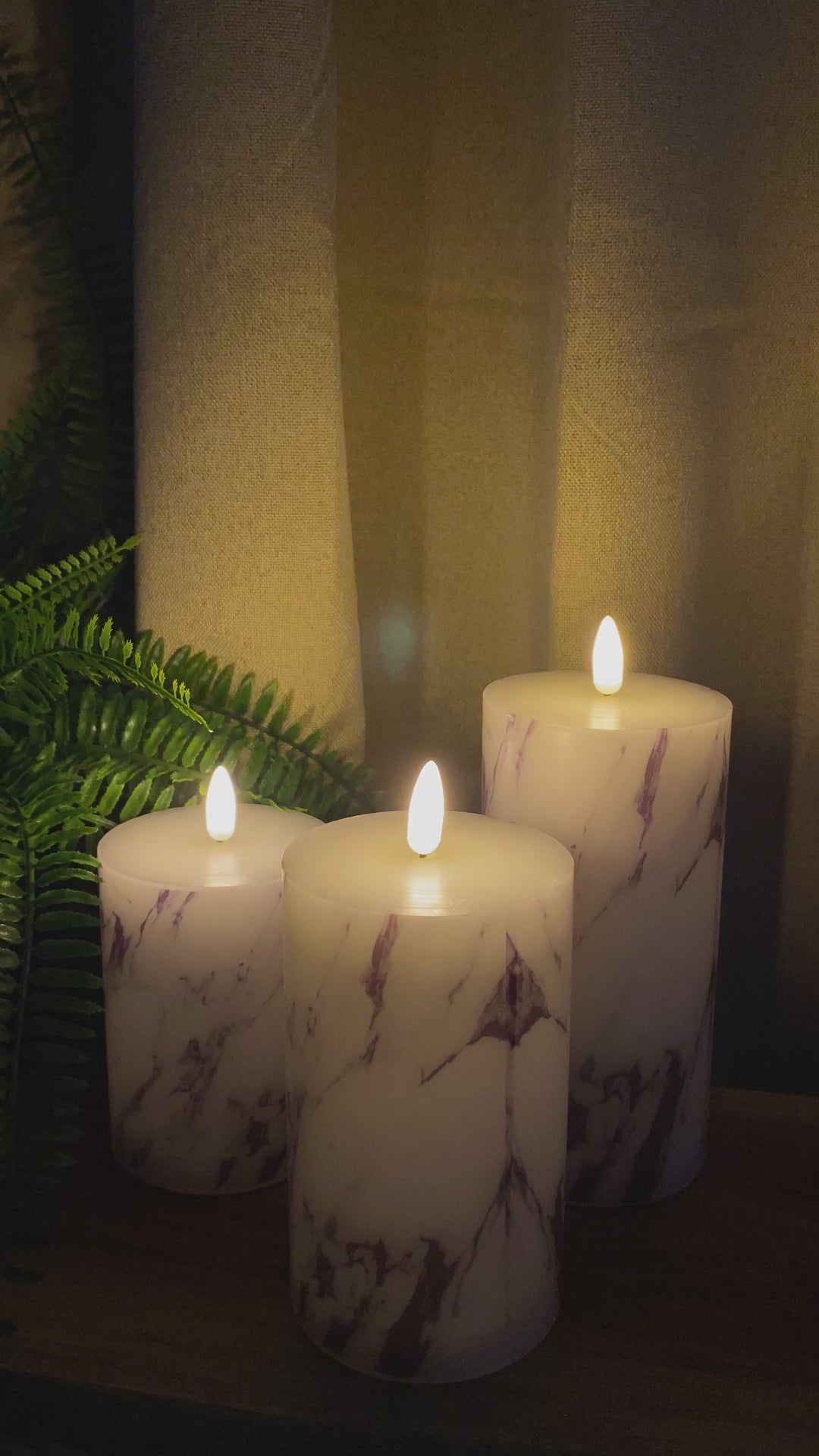 LED Bloklys sæt 3 stk. med marmor look - fjernbetjening med timerfunktion