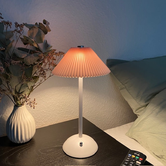 Opladelig lampe plisse touch H30 cm jern rosa