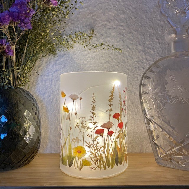 Cylinderglas med 10 LED tråd Ø9x12 flora rød/gul/hvid