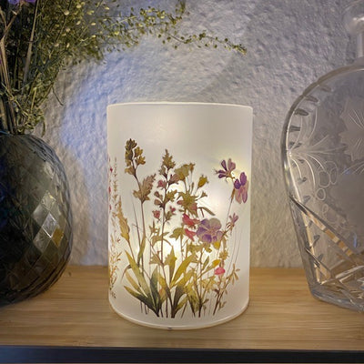 Cylinderglas med 10 LED tråd Ø9x12 flora rød/gul/hvid