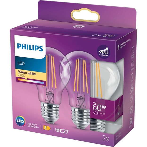 Philips - LED Glas standard glödtråd 60W E27 WW ND 2-pack BOX