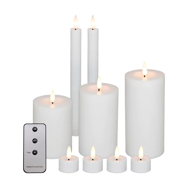 LED lyssæt 10 stk. 3 bloklys, 2 stagelys, 4 fyrfadslys, 1 remote