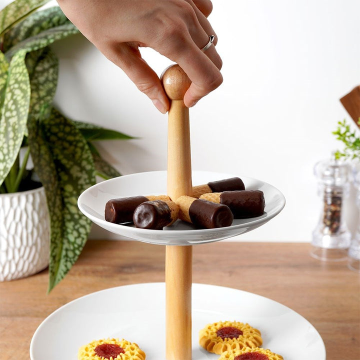 Excellent Houseware - Etagere 2-lags porcelæn med træ